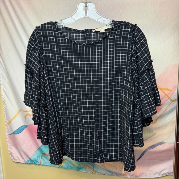 LOFT Tops - Loft Bell Sleeve Ruffle Plaid Top